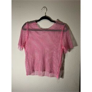 Sheer Pink Mesh Crop Top - Short Sleeve Beach Cover